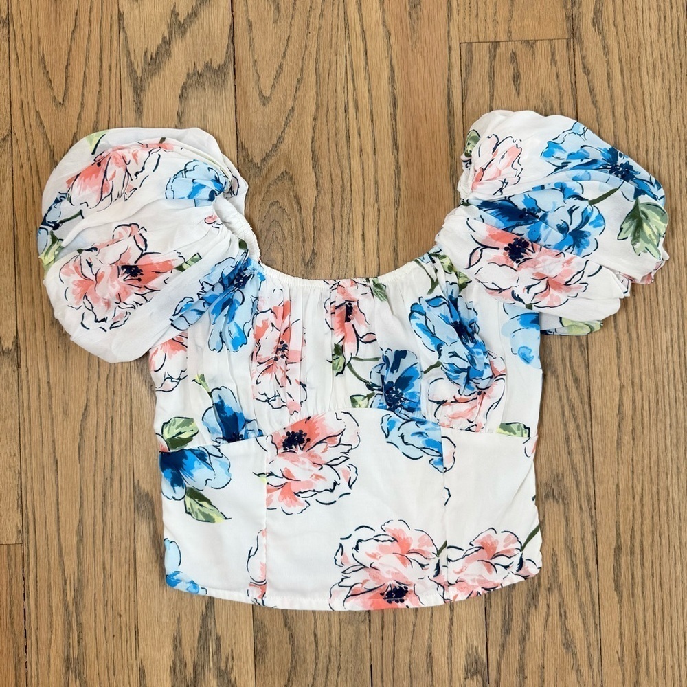 Abercrombie & Fitch Multi Colored Floral Puff Sleeve Crop Top Smocked Pleated XS - Picture 3 of 14